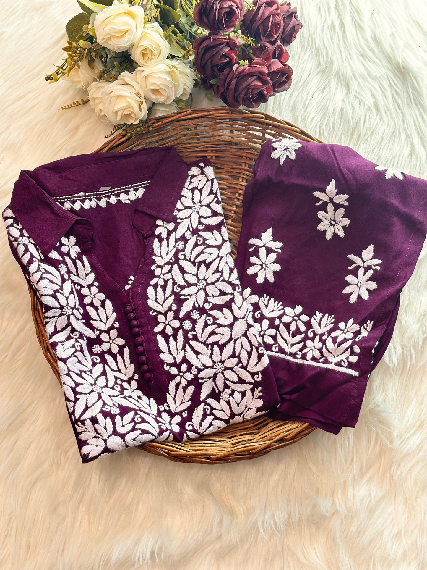 Rasha Chikankari Premium Modal Short Kurti & Pant Co Ord Set