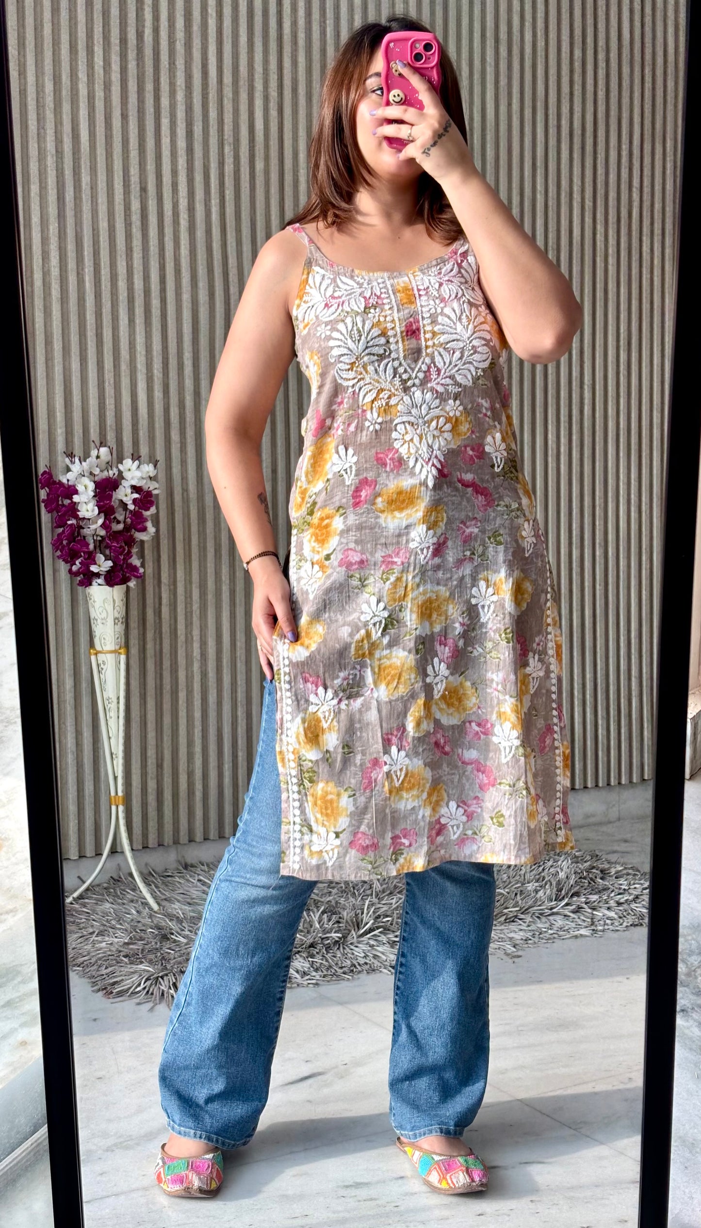 Floral Strap Chikankari Kurti | Breezy Handcrafted Elegance for Everyday Glam