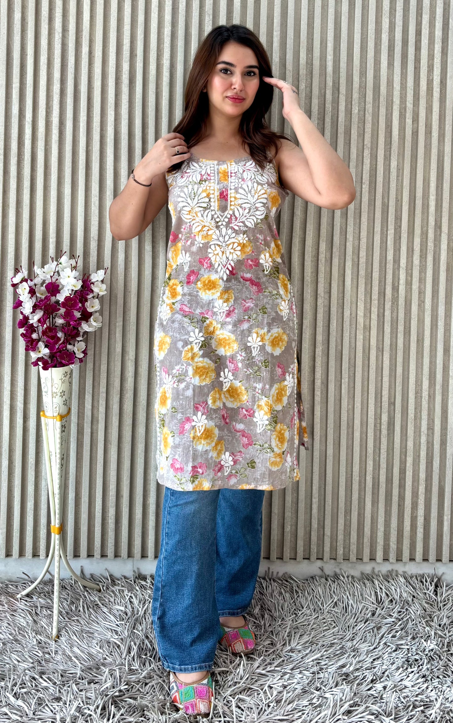 Floral Strap Chikankari Kurti | Breezy Handcrafted Elegance for Everyday Glam