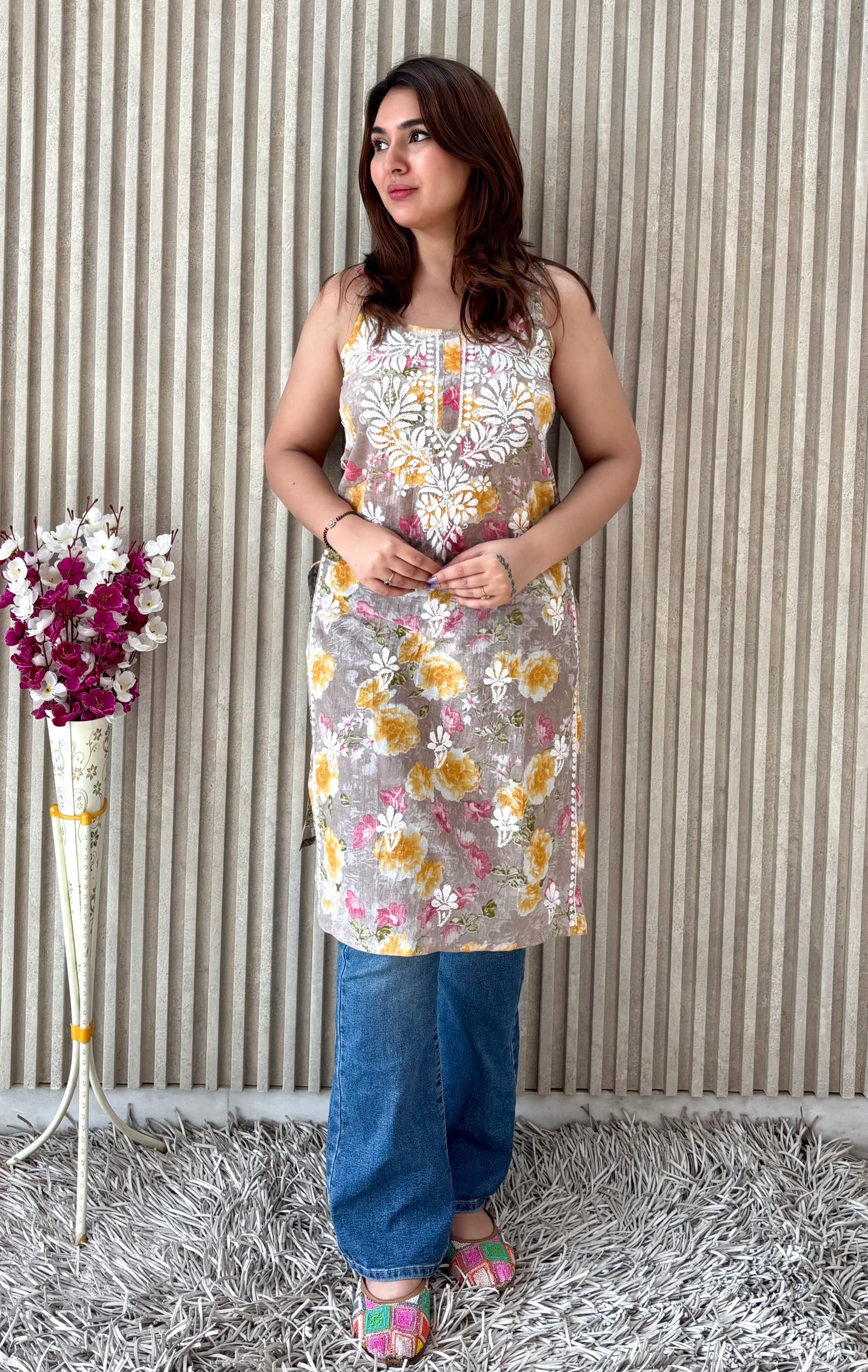 Floral Strap Chikankari Kurti | Breezy Handcrafted Elegance for Everyday Glam