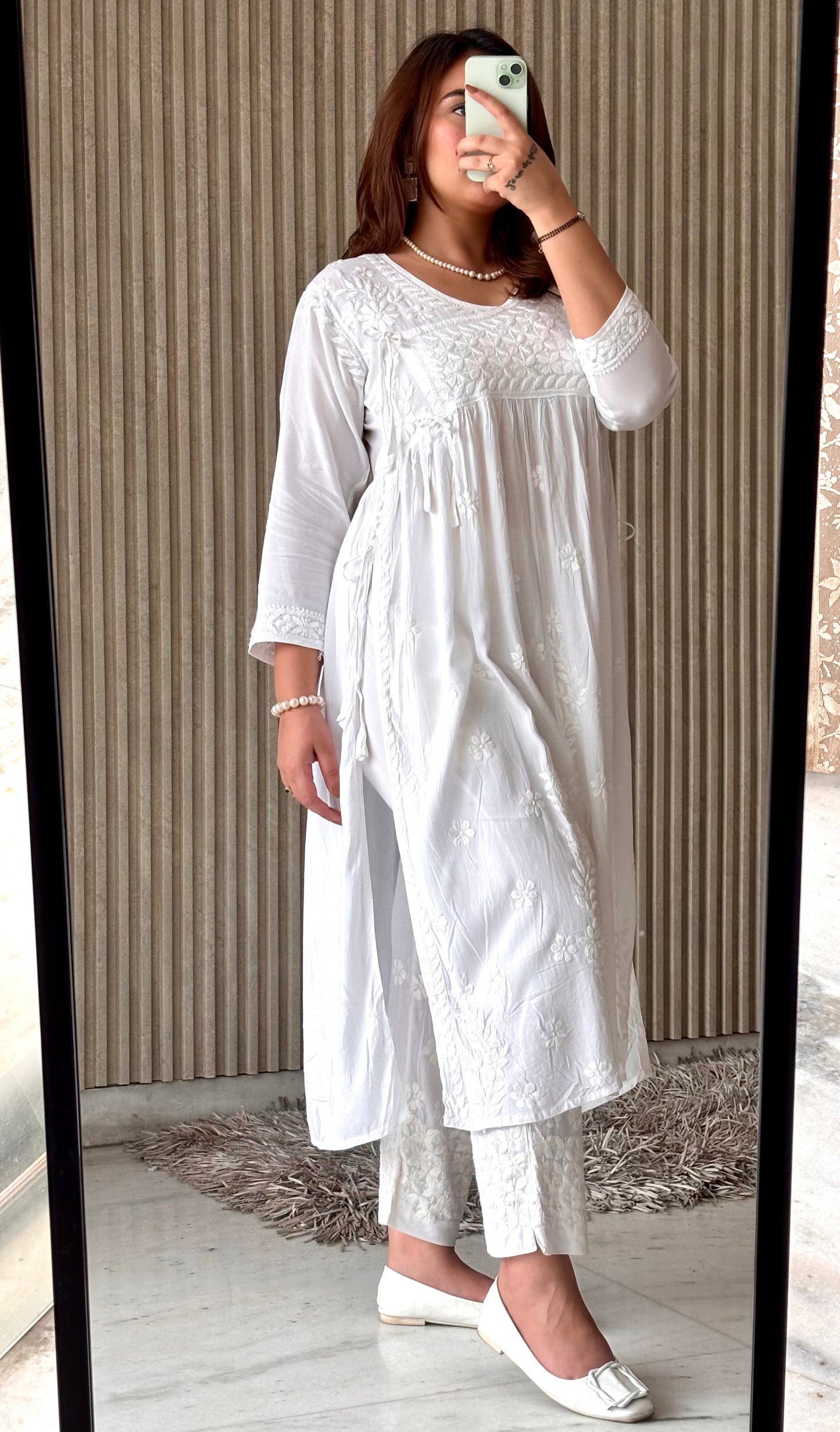Pure White Nyra-Cut Chikankari Kurti & Pant Set | Luxe Everyday Elegance by Chikankari Luxe