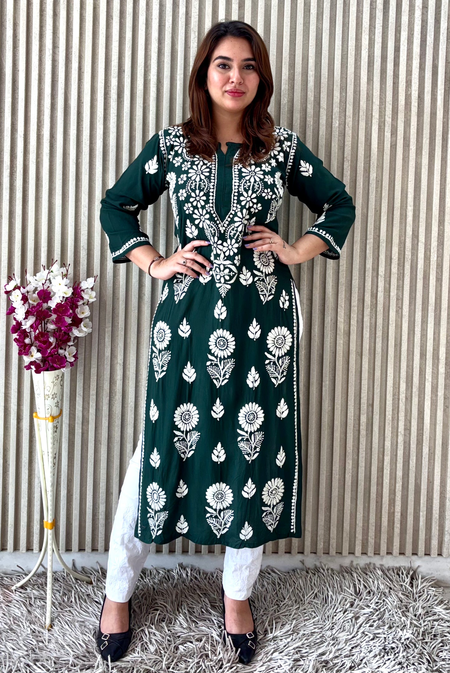 Royal Emerald Green Nyra-Cut Chikankari Kurti & Pant Set – Luxe Everyday Elegance