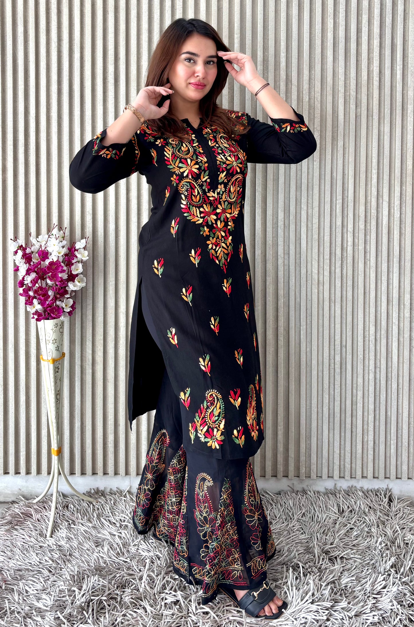 Noir Blossom: Black Booti Chikankari Kurti & Sharara Set – Luxe Festive Charm