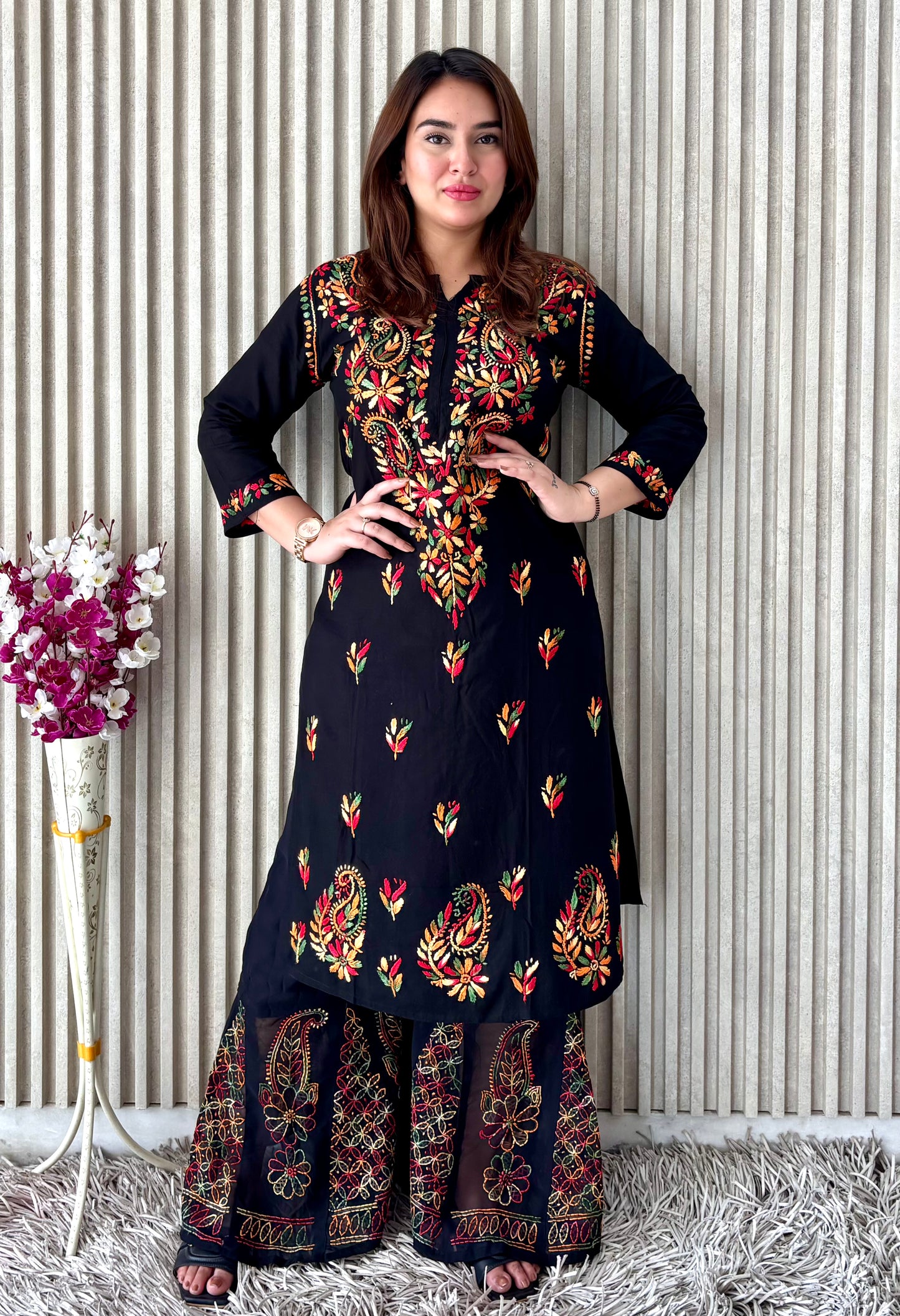 Noir Blossom: Black Booti Chikankari Kurti & Sharara Set – Luxe Festive Charm