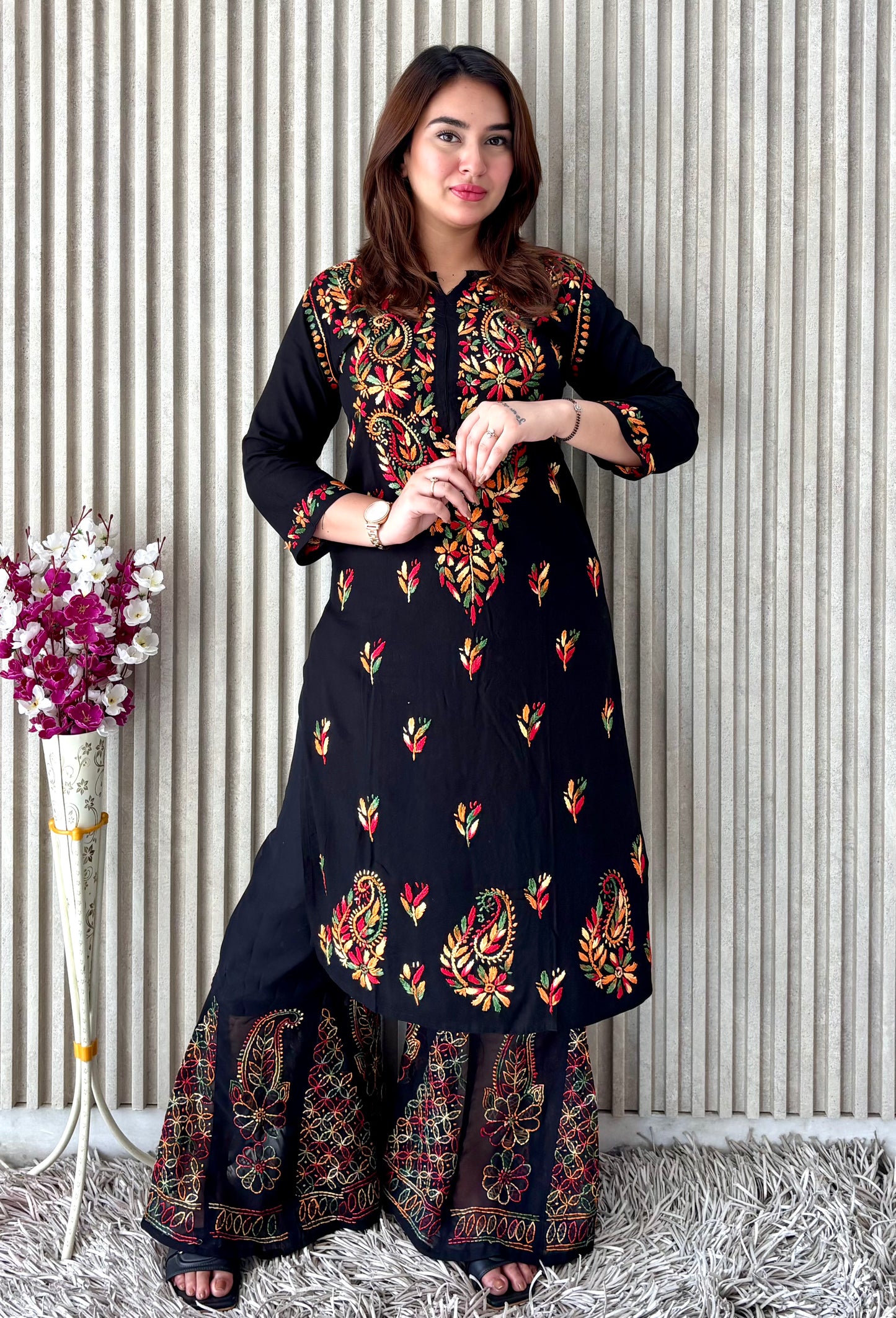 Noir Blossom: Black Booti Chikankari Kurti & Sharara Set – Luxe Festive Charm