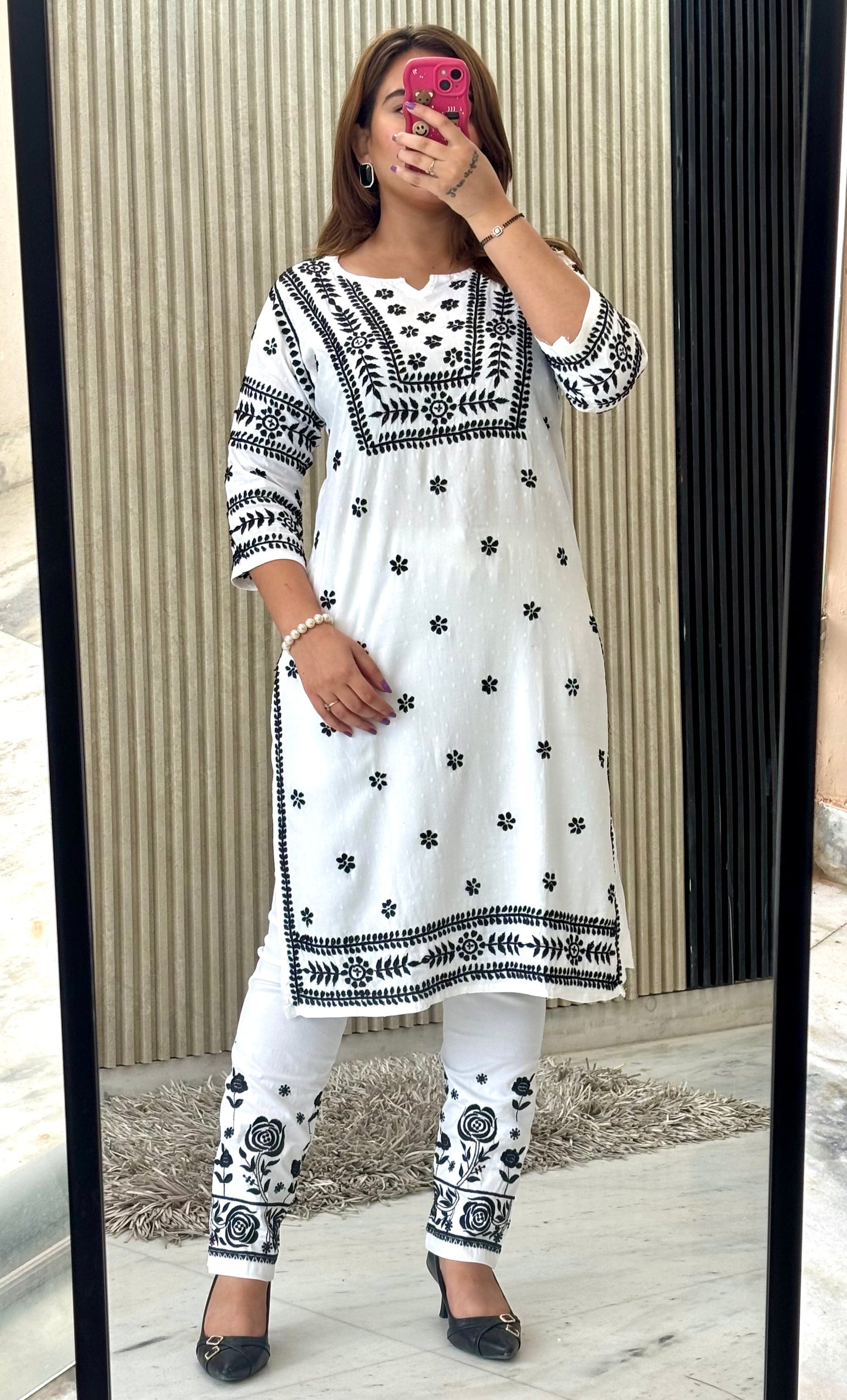 Noor-e-Monochrome | White Rayon Chikankari Kurti & Lycra Pant Set with Black Threadwork
