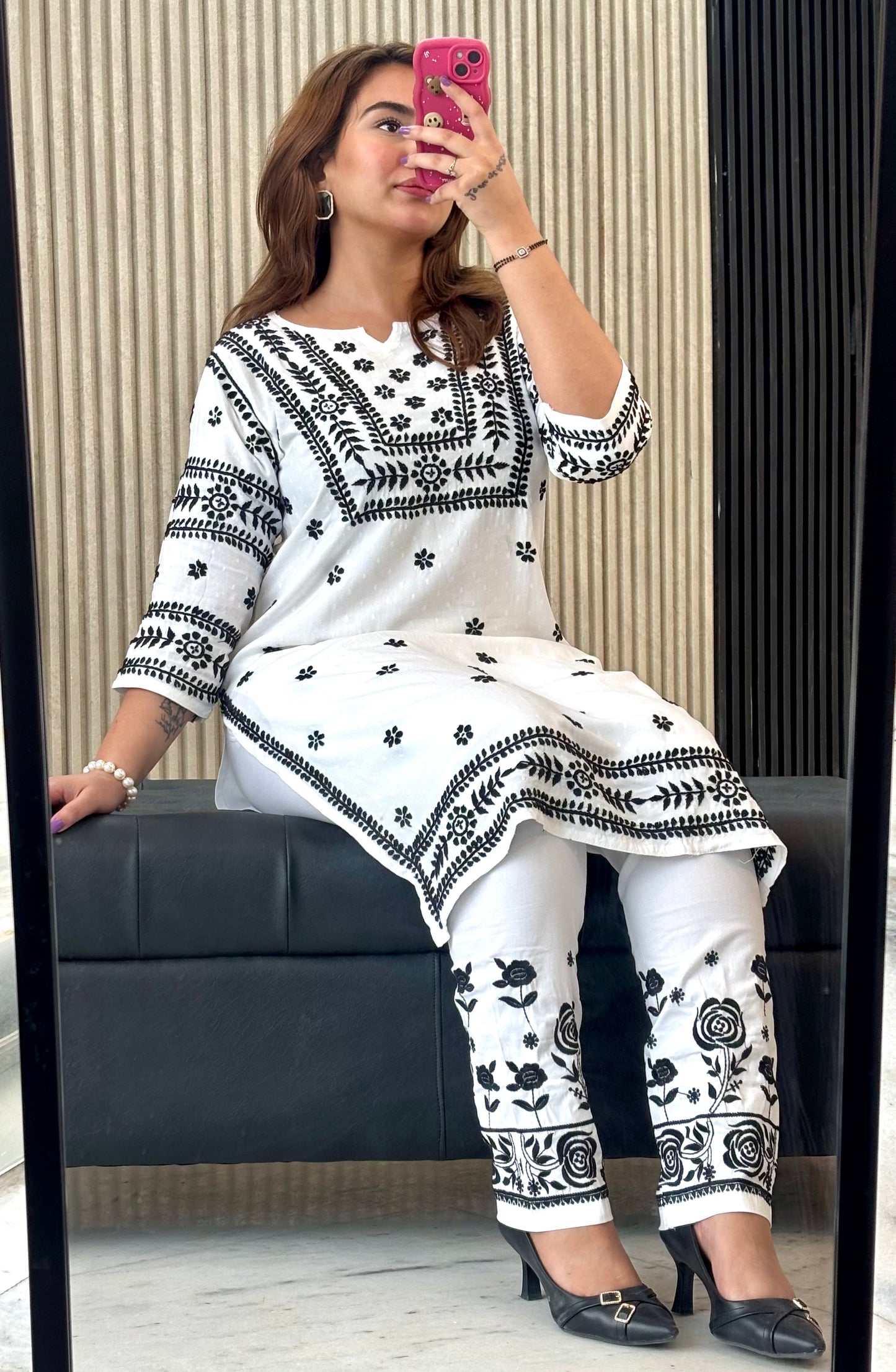 Noor-e-Monochrome | White Rayon Chikankari Kurti & Lycra Pant Set with Black Threadwork