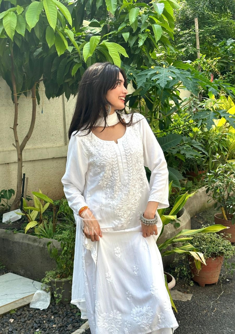 Haniya White Chikankari Rayon Kurti Set with Mukesh Work & Dupatta