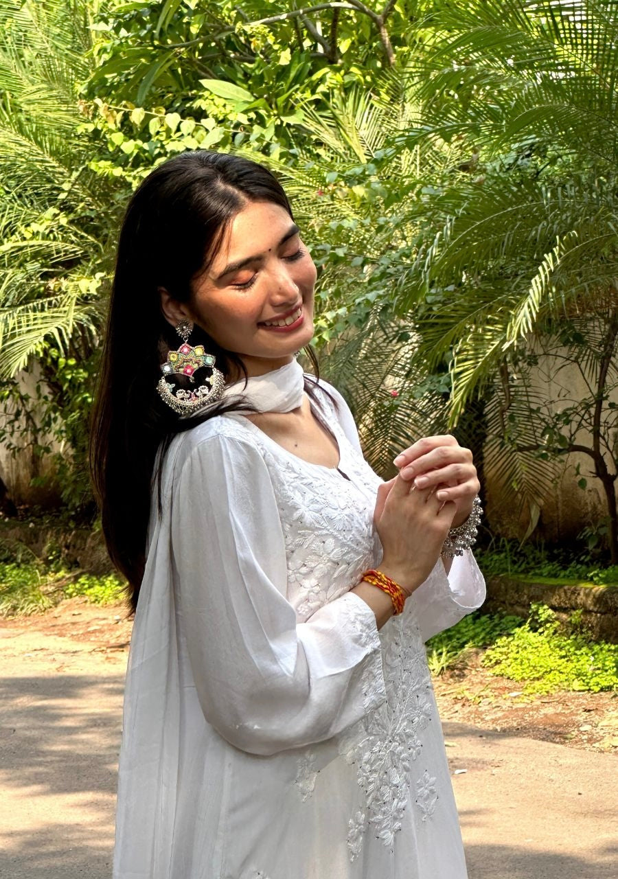 Haniya White Chikankari Rayon Kurti Set with Mukesh Work & Dupatta