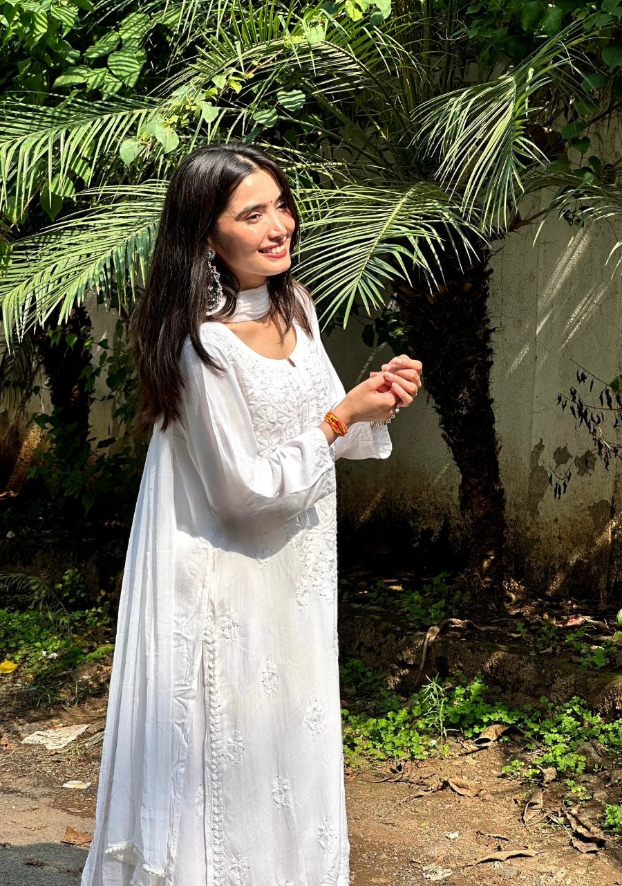 Haniya White Chikankari Rayon Kurti Set with Mukesh Work & Dupatta