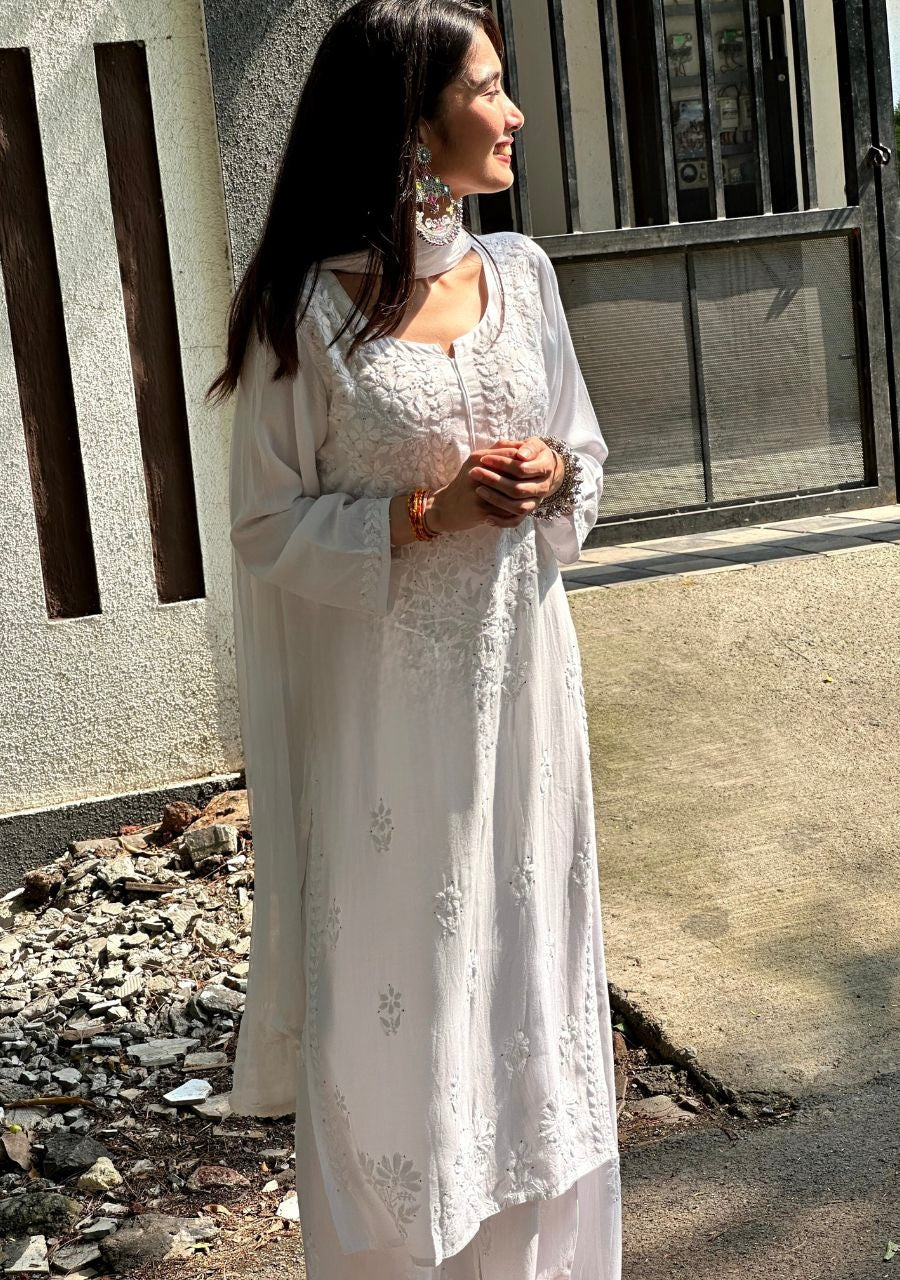 Haniya White Chikankari Rayon Kurti Set with Mukesh Work & Dupatta
