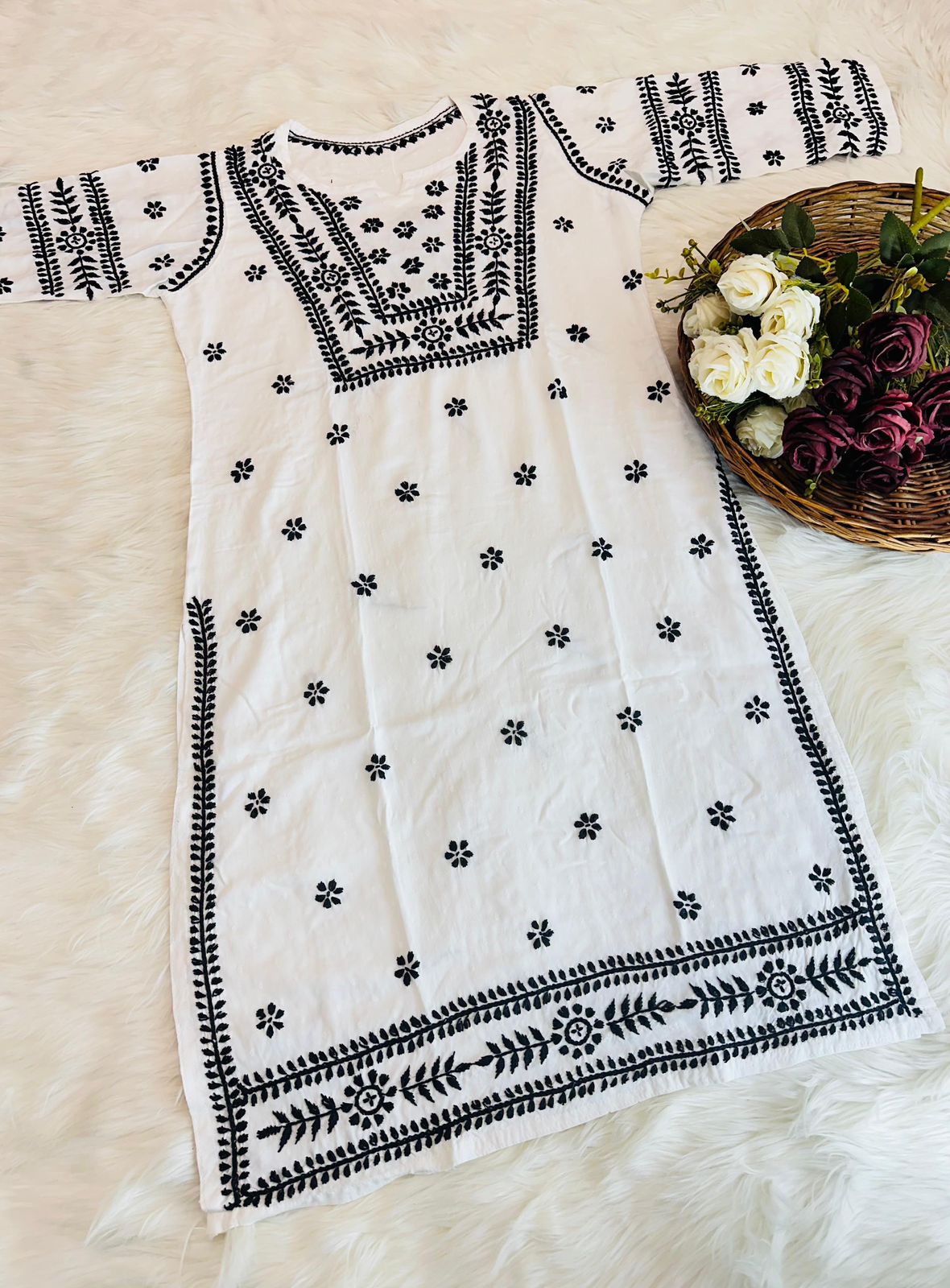 Noor-e-Monochrome | White Rayon Chikankari Kurti & Lycra Pant Set with Black Threadwork