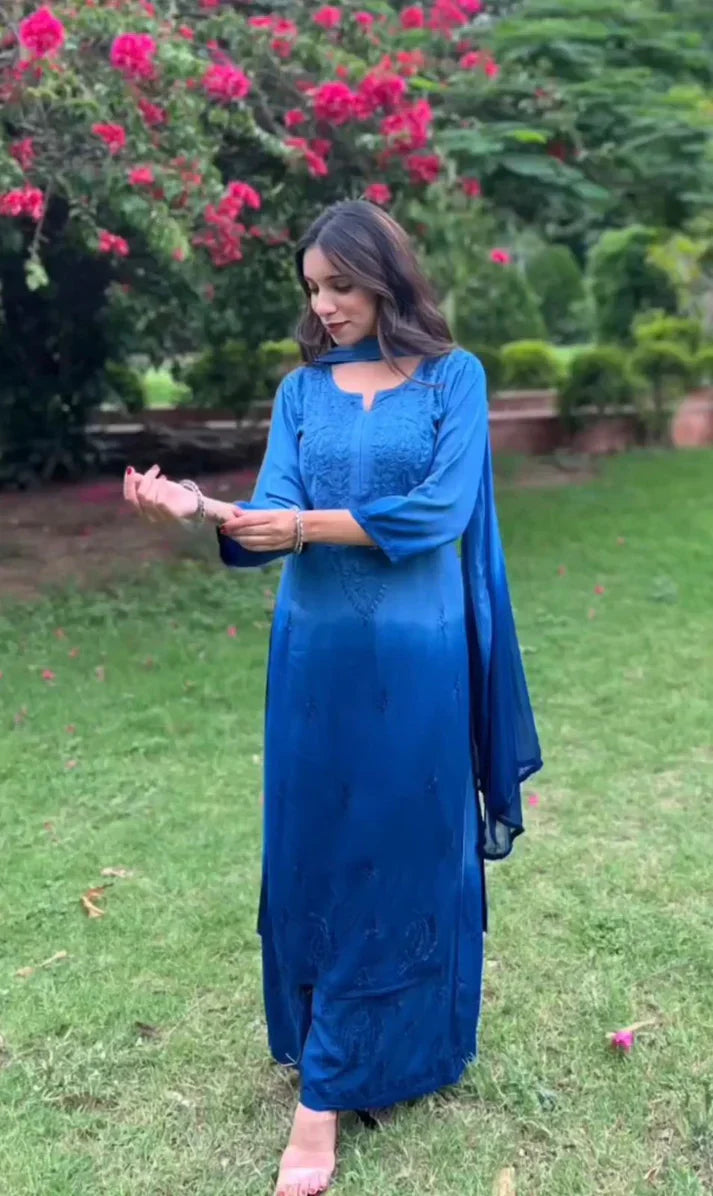 Chikankari Ryon Cotton Ombre Dyed 3pc Suit in 7 Beautiful colors