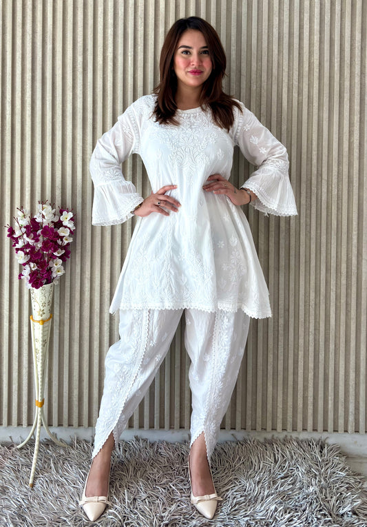 Pure White Crystal Chikankari Kurti-Dhoti Set with Dupatta | Luxe Handcrafted Elegance