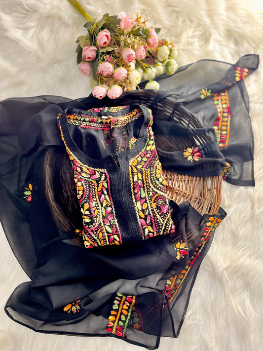 Georgette Multi- Thread Ring Jaal Kurti & amp, Dupatta Set