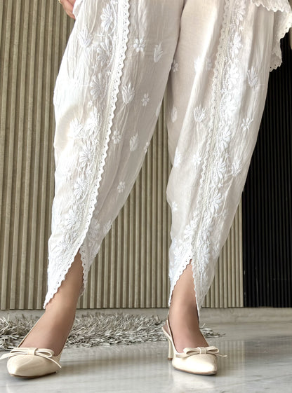Pure White Crystal Chikankari Kurti-Dhoti Set with Dupatta | Luxe Handcrafted Elegance