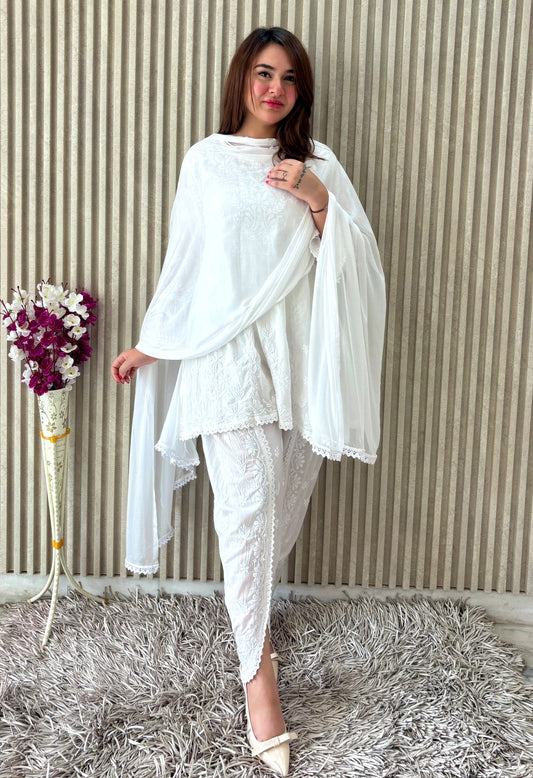 Pure White Crystal Chikankari Kurti-Dhoti Set with Dupatta | Luxe Handcrafted Elegance