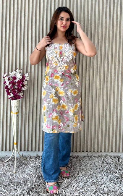 Floral Strap Chikankari Kurti | Breezy Handcrafted Elegance for Everyday Glam