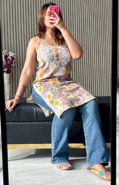 Floral Strap Chikankari Kurti | Breezy Handcrafted Elegance for Everyday Glam