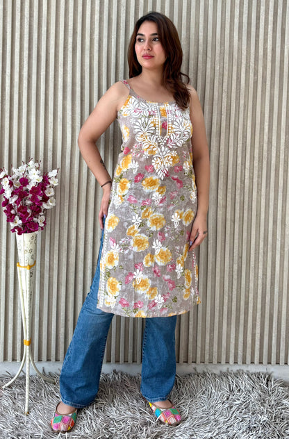 Floral Strap Chikankari Kurti | Breezy Handcrafted Elegance for Everyday Glam