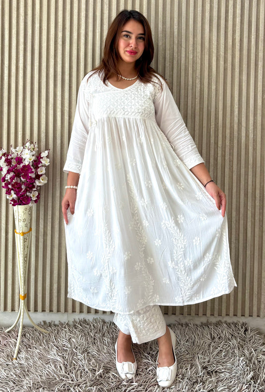 Pure White Nyra-Cut Chikankari Kurti & Pant Set | Luxe Everyday Elegance by Chikankari Luxe