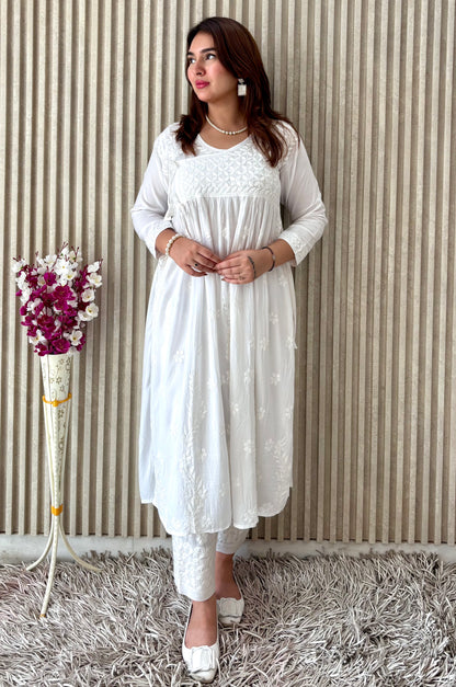 Pure White Nyra-Cut Chikankari Kurti & Pant Set | Luxe Everyday Elegance by Chikankari Luxe