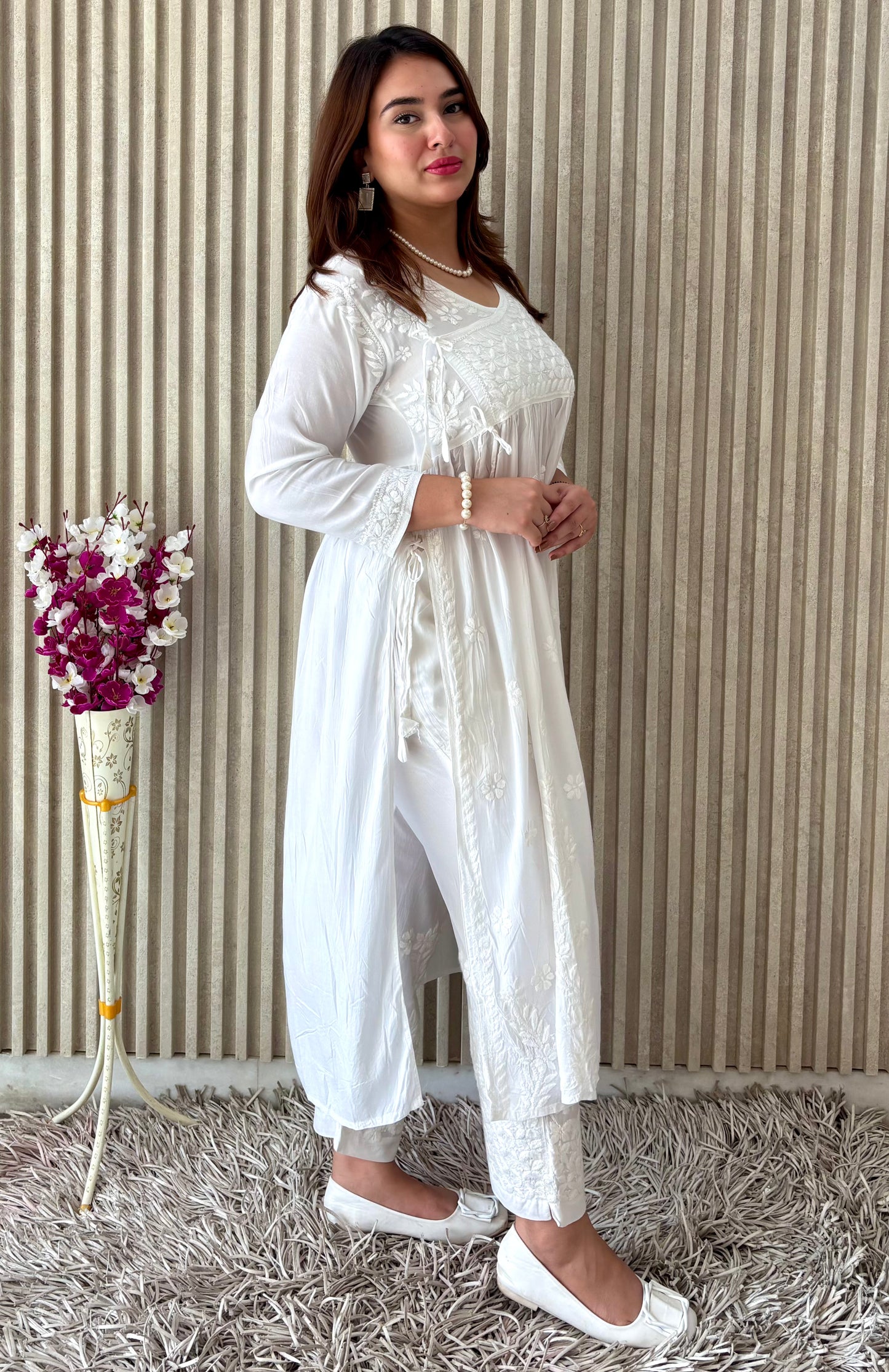 Pure White Nyra-Cut Chikankari Kurti & Pant Set | Luxe Everyday Elegance by Chikankari Luxe