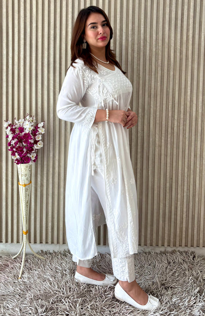 Pure White Nyra-Cut Chikankari Kurti & Pant Set | Luxe Everyday Elegance by Chikankari Luxe