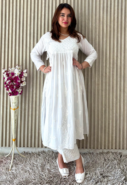 Pure White Nyra-Cut Chikankari Kurti & Pant Set | Luxe Everyday Elegance by Chikankari Luxe
