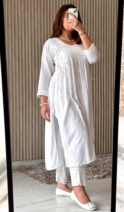 Pure White Nyra-Cut Chikankari Kurti & Pant Set | Luxe Everyday Elegance by Chikankari Luxe