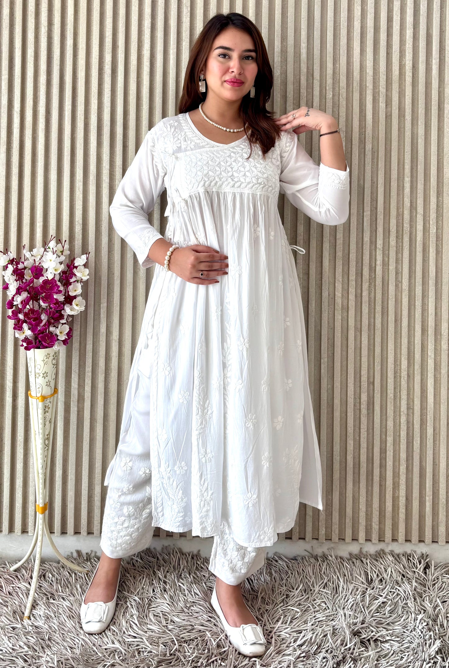 Pure White Nyra-Cut Chikankari Kurti & Pant Set | Luxe Everyday Elegance by Chikankari Luxe