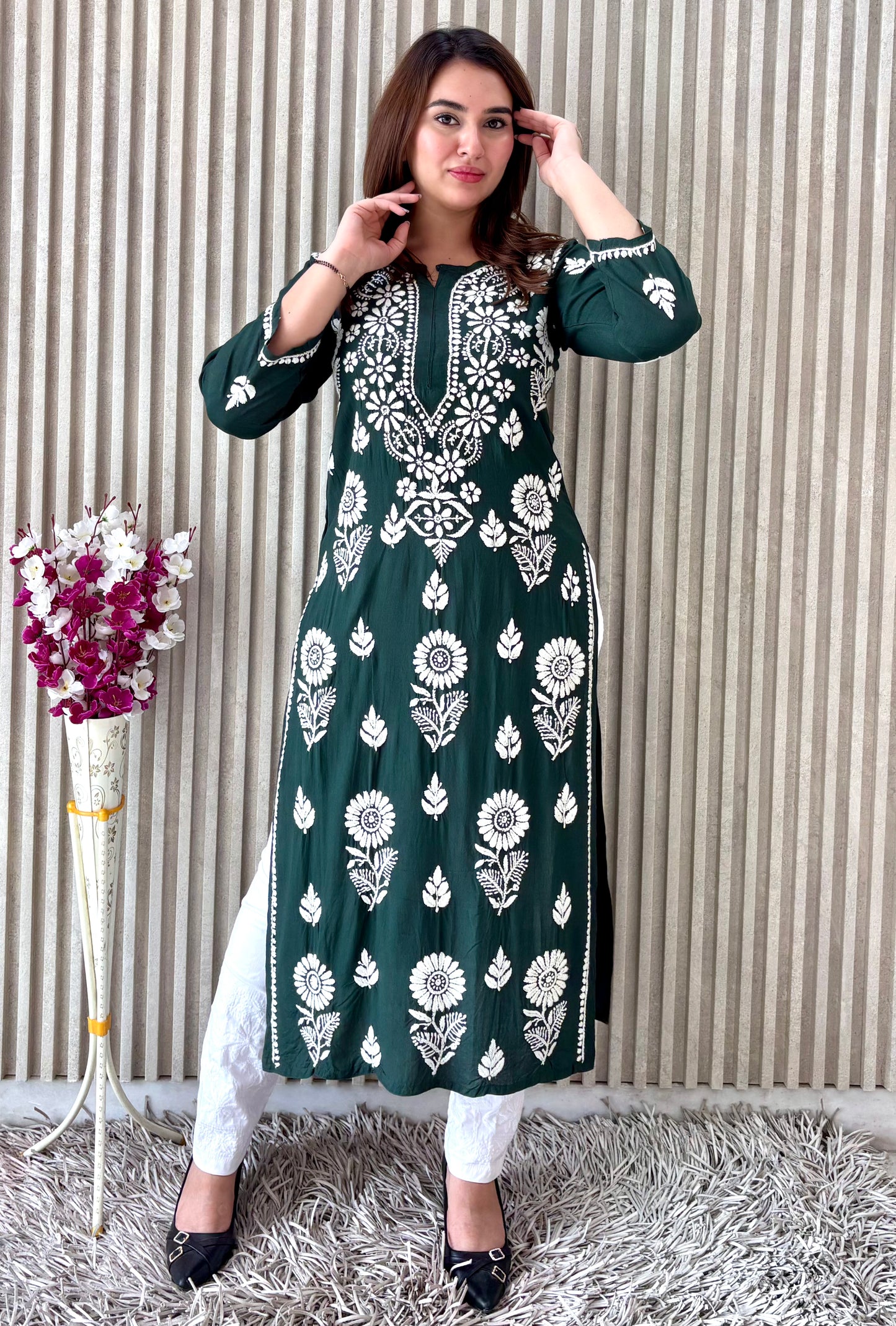 Royal Emerald Green Nyra-Cut Chikankari Kurti & Pant Set – Luxe Everyday Elegance