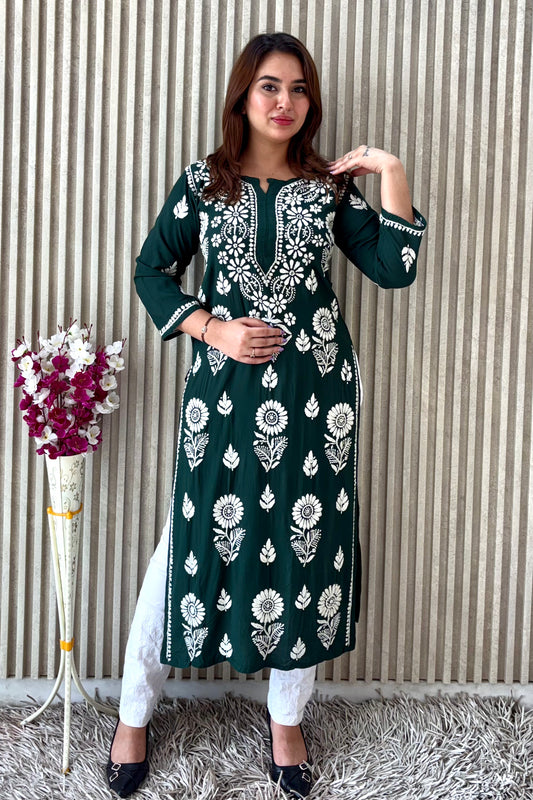 Royal Emerald Green Nyra-Cut Chikankari Kurti & Pant Set – Luxe Everyday Elegance
