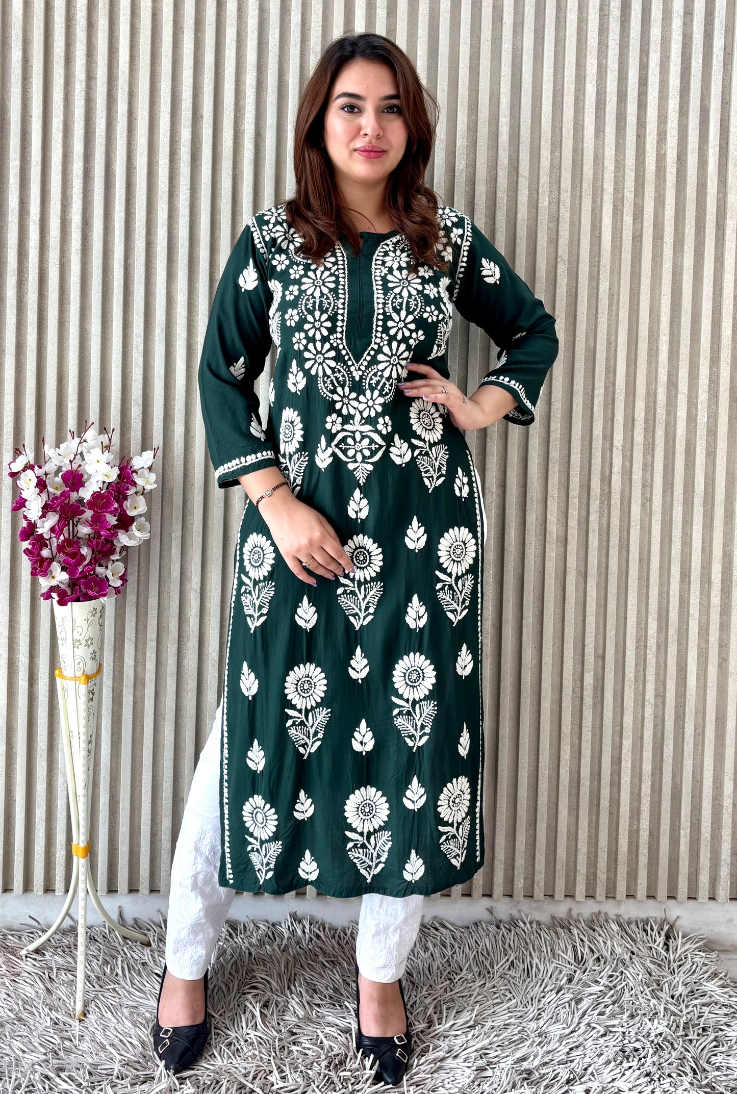 Royal Emerald Green Nyra-Cut Chikankari Kurti & Pant Set – Luxe Everyday Elegance