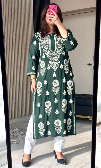 Royal Emerald Green Nyra-Cut Chikankari Kurti & Pant Set – Luxe Everyday Elegance
