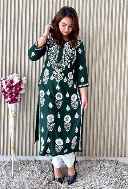 Royal Emerald Green Nyra-Cut Chikankari Kurti & Pant Set – Luxe Everyday Elegance