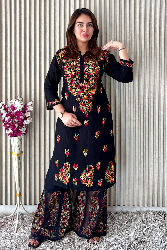 Noir Blossom: Black Booti Chikankari Kurti & Sharara Set – Luxe Festive Charm