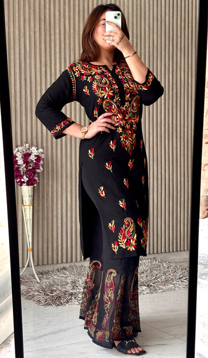 Noir Blossom: Black Booti Chikankari Kurti & Sharara Set – Luxe Festive Charm