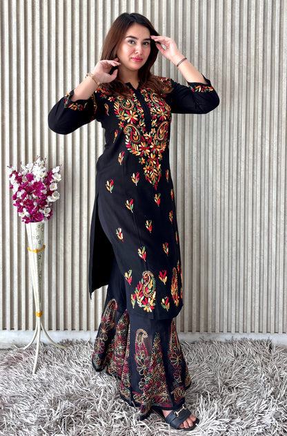 Noir Blossom: Black Booti Chikankari Kurti & Sharara Set – Luxe Festive Charm
