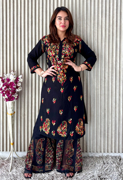 Noir Blossom: Black Booti Chikankari Kurti & Sharara Set – Luxe Festive Charm
