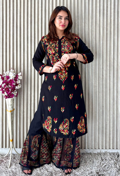 Noir Blossom: Black Booti Chikankari Kurti & Sharara Set – Luxe Festive Charm