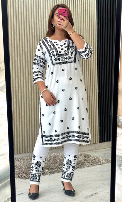 Noor-e-Monochrome | White Rayon Chikankari Kurti & Lycra Pant Set with Black Threadwork