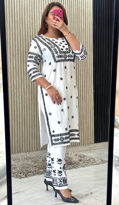 Noor-e-Monochrome | White Rayon Chikankari Kurti & Lycra Pant Set with Black Threadwork