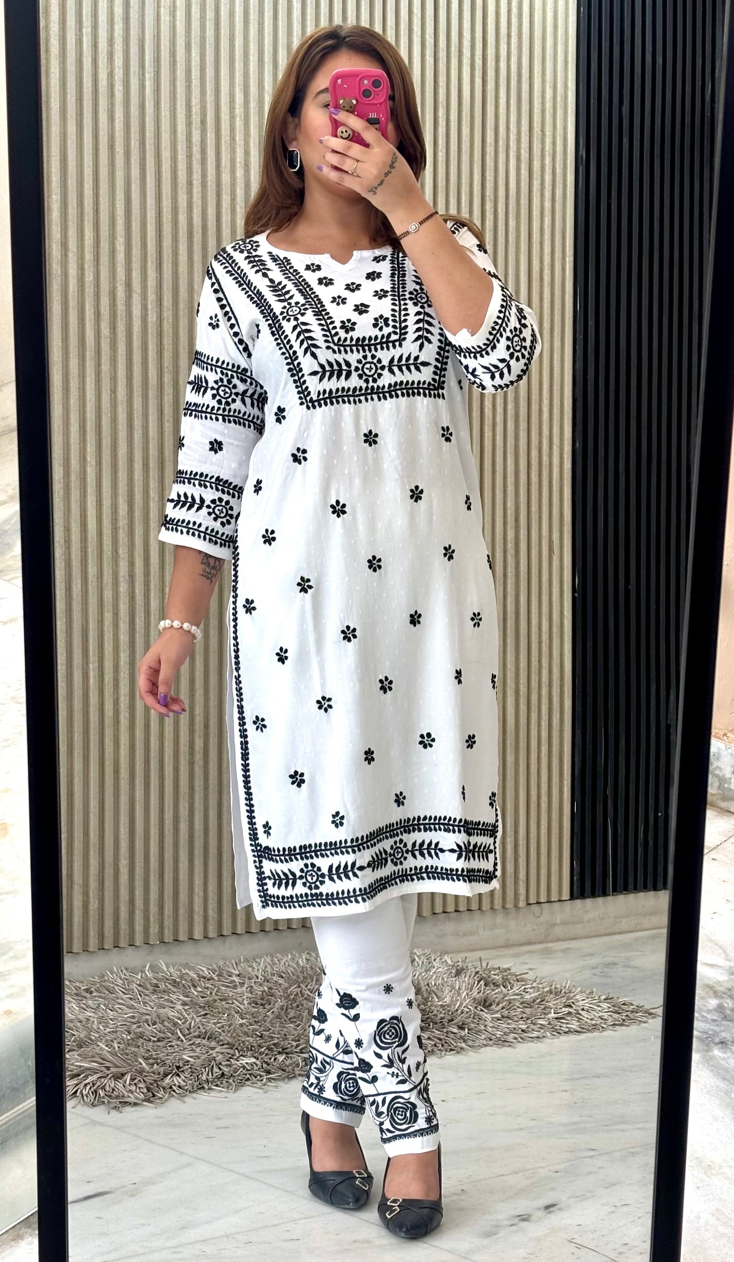 Noor-e-Monochrome | White Rayon Chikankari Kurti & Lycra Pant Set with Black Threadwork