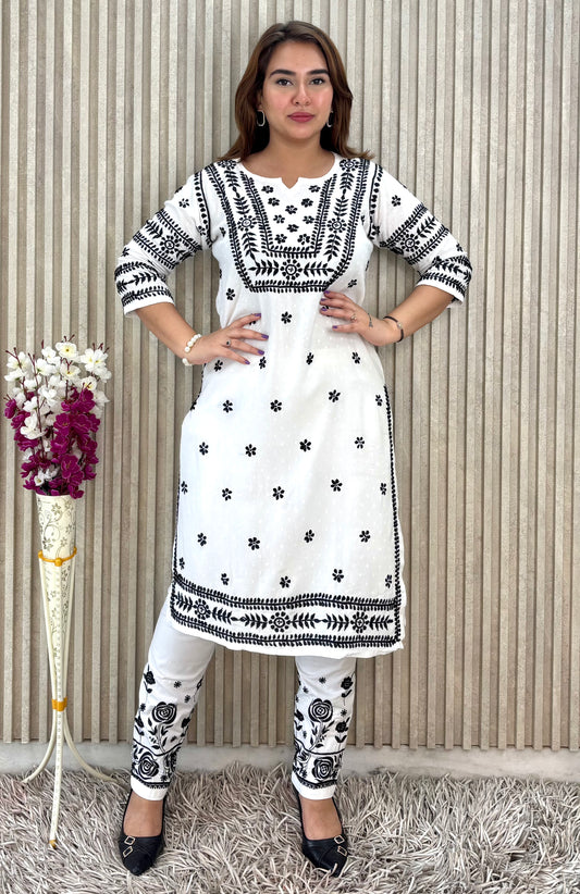 Noor-e-Monochrome | White Rayon Chikankari Kurti & Lycra Pant Set with Black Threadwork