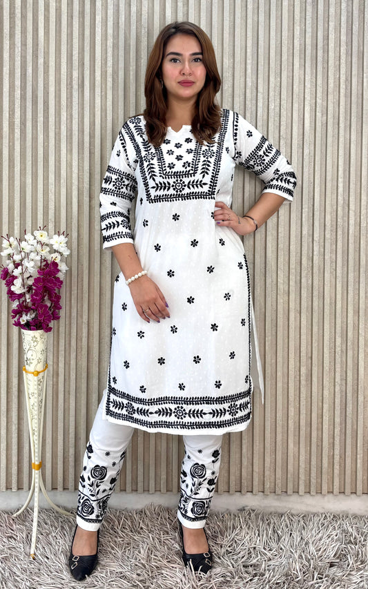 Noor-e-Monochrome | White Rayon Chikankari Kurti & Lycra Pant Set with Black Threadwork