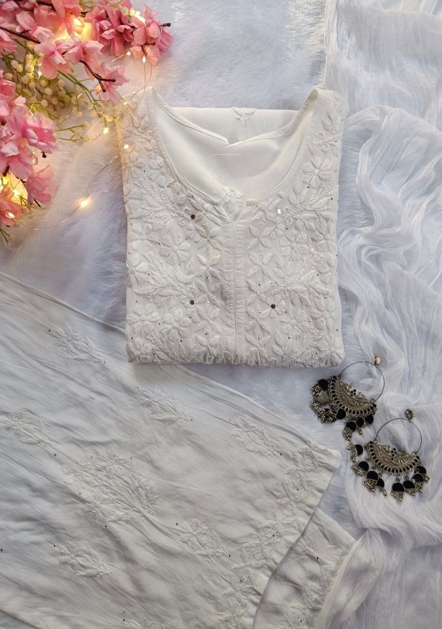 Haniya White Chikankari Rayon Kurti Set with Mukesh Work & Dupatta