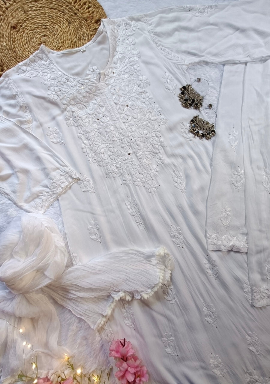 Haniya White Chikankari Rayon Kurti Set with Mukesh Work & Dupatta