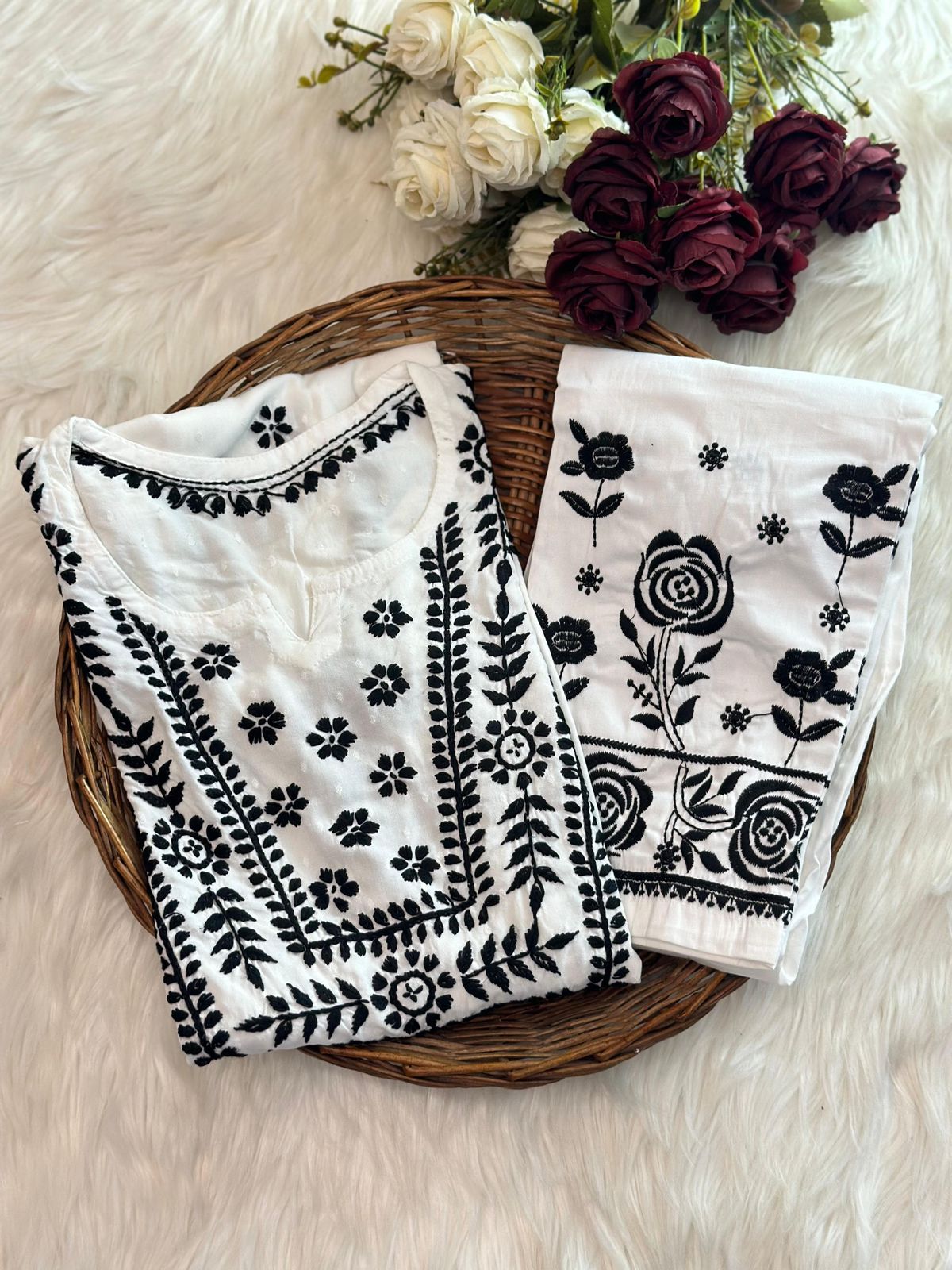 Noor-e-Monochrome | White Rayon Chikankari Kurti & Lycra Pant Set with Black Threadwork