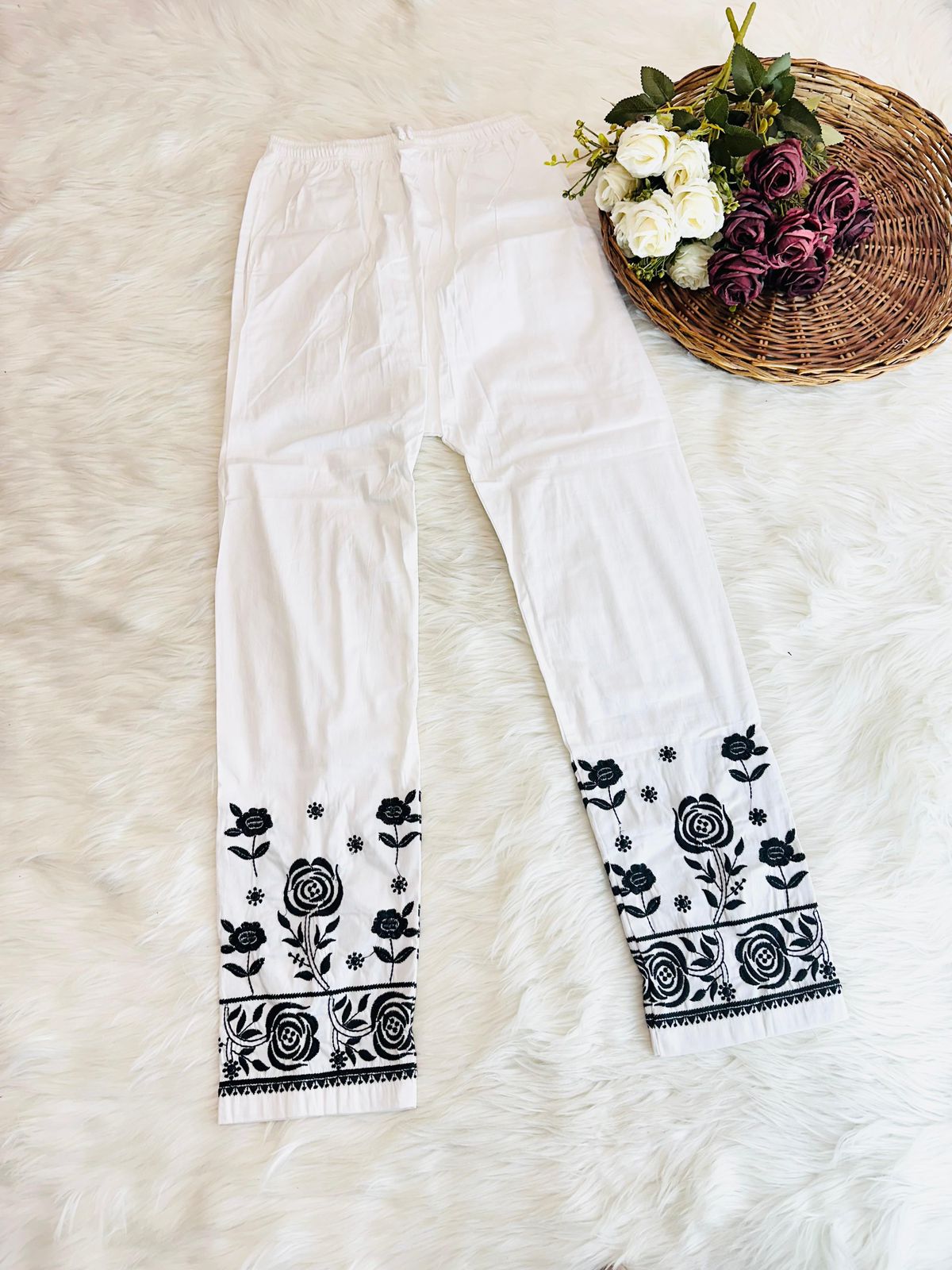 Noor-e-Monochrome | White Rayon Chikankari Kurti & Lycra Pant Set with Black Threadwork